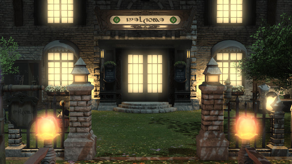 A picture of the front door of an FFXIV free company house taken from the gate. The sign board above the door reads "Welcome" in Eorzean script.